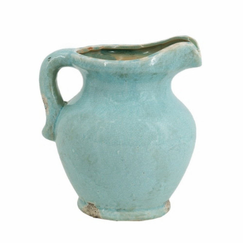 Tery Decorative Flower Vase with Handle, 9 Inch, Glazed Blue Terracotta - BM350077