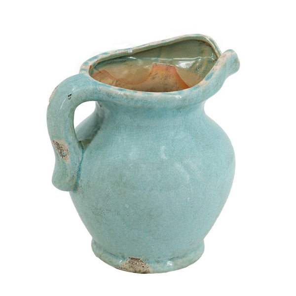 Tery Decorative Flower Vase with Handle, 9 Inch, Glazed Blue Terracotta - BM350077