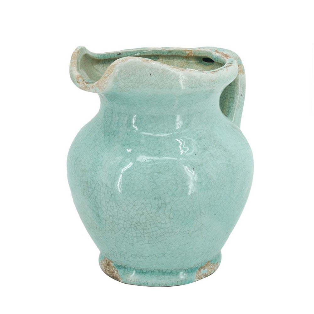 Tery Decorative Flower Vase with Handle, 9 Inch, Glazed Blue Terracotta - BM350077