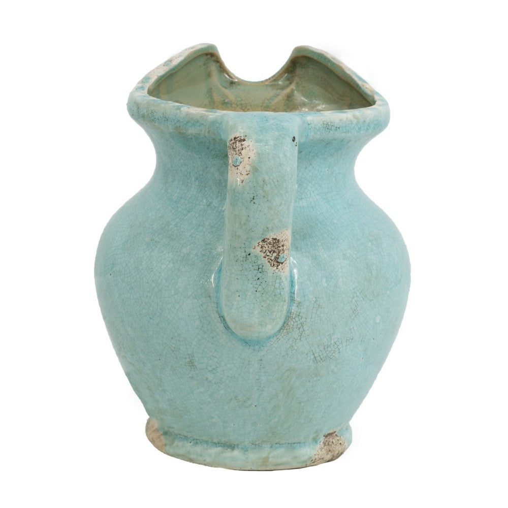 Tery Decorative Flower Vase with Handle, 9 Inch, Glazed Blue Terracotta - BM350077