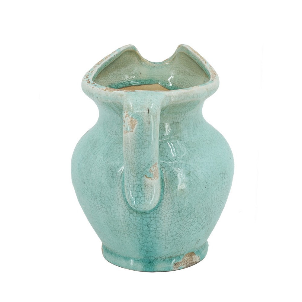 Tery Decorative Flower Vase with Handle, 9 Inch, Glazed Blue Terracotta - BM350077