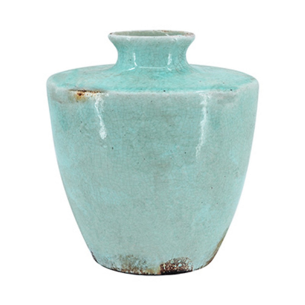 Tery Decorative Flower Vase, 12 Inch, Angled Glazed Blue Patina Terracotta - BM350078
