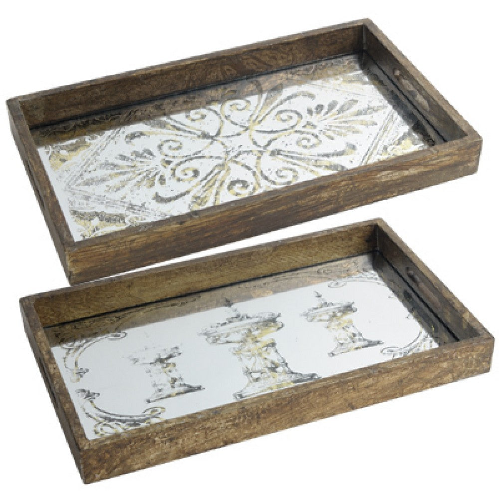 Gery Serving Tray Set of 2, Patterned Glass Base and Rustic Brown Frame - BM350079