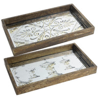 Gery Serving Tray Set of 2, Patterned Glass Base and Rustic Brown Frame - BM350079