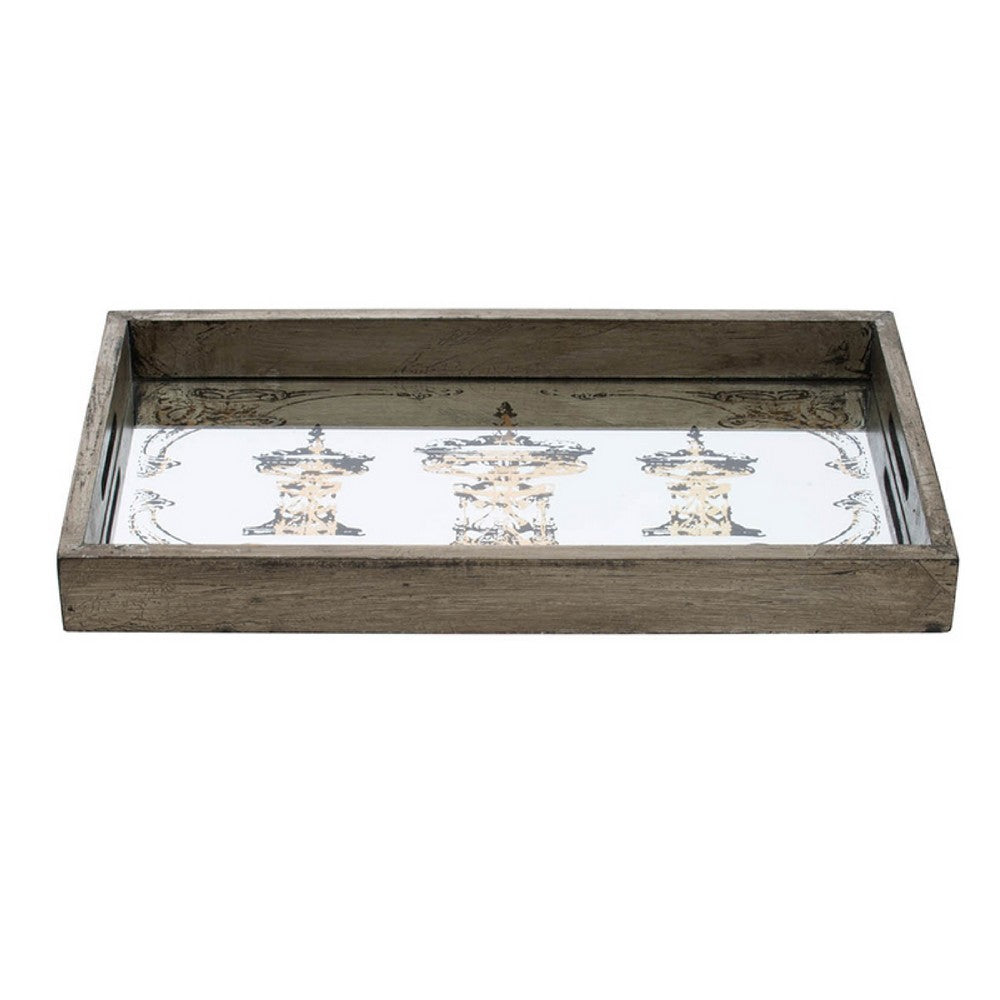 Gery Serving Tray Set of 2, Patterned Glass Base and Rustic Brown Frame - BM350079