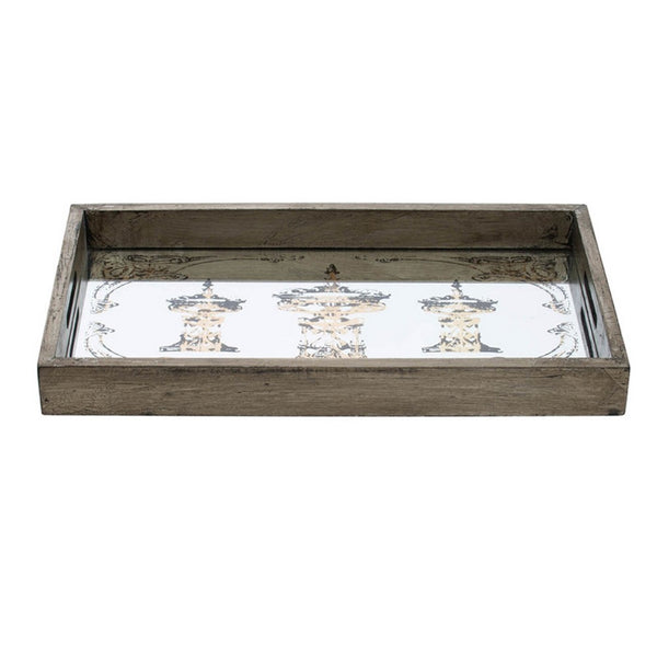 Gery Serving Tray Set of 2, Patterned Glass Base and Rustic Brown Frame - BM350079