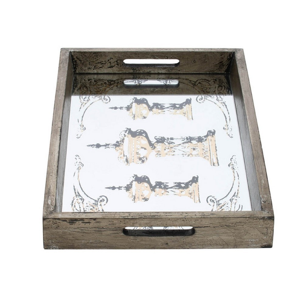 Gery Serving Tray Set of 2, Patterned Glass Base and Rustic Brown Frame - BM350079