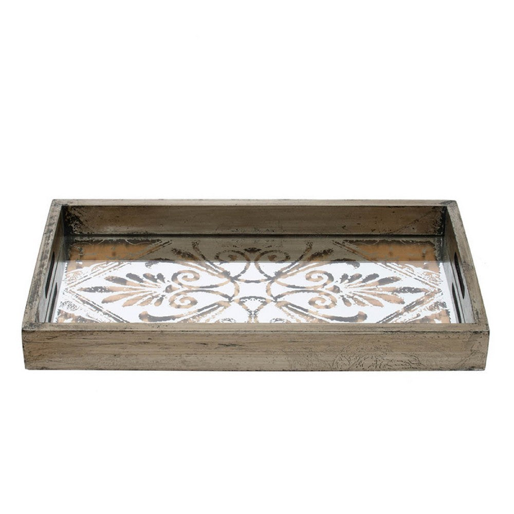 Gery Serving Tray Set of 2, Patterned Glass Base and Rustic Brown Frame - BM350079