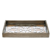 Gery Serving Tray Set of 2, Patterned Glass Base and Rustic Brown Frame - BM350079