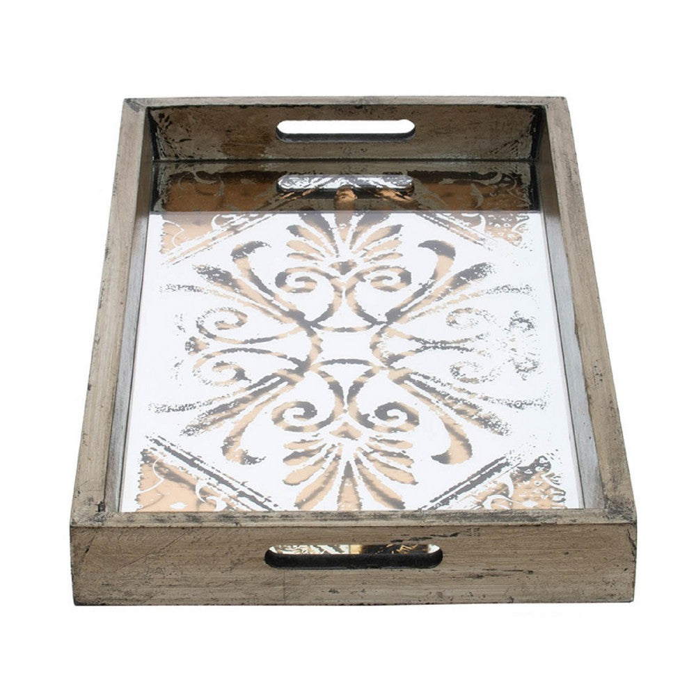 Gery Serving Tray Set of 2, Patterned Glass Base and Rustic Brown Frame - BM350079