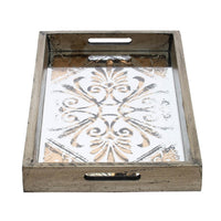 Gery Serving Tray Set of 2, Patterned Glass Base and Rustic Brown Frame - BM350079