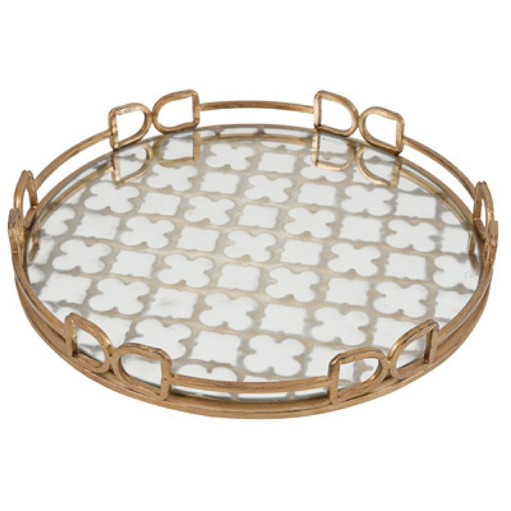 Amy Decorative Serving Tray, 16 Inch Round Patterned Glass, Gold Metal - BM350082
