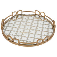 Amy Decorative Serving Tray, 16 Inch Round Patterned Glass, Gold Metal - BM350082