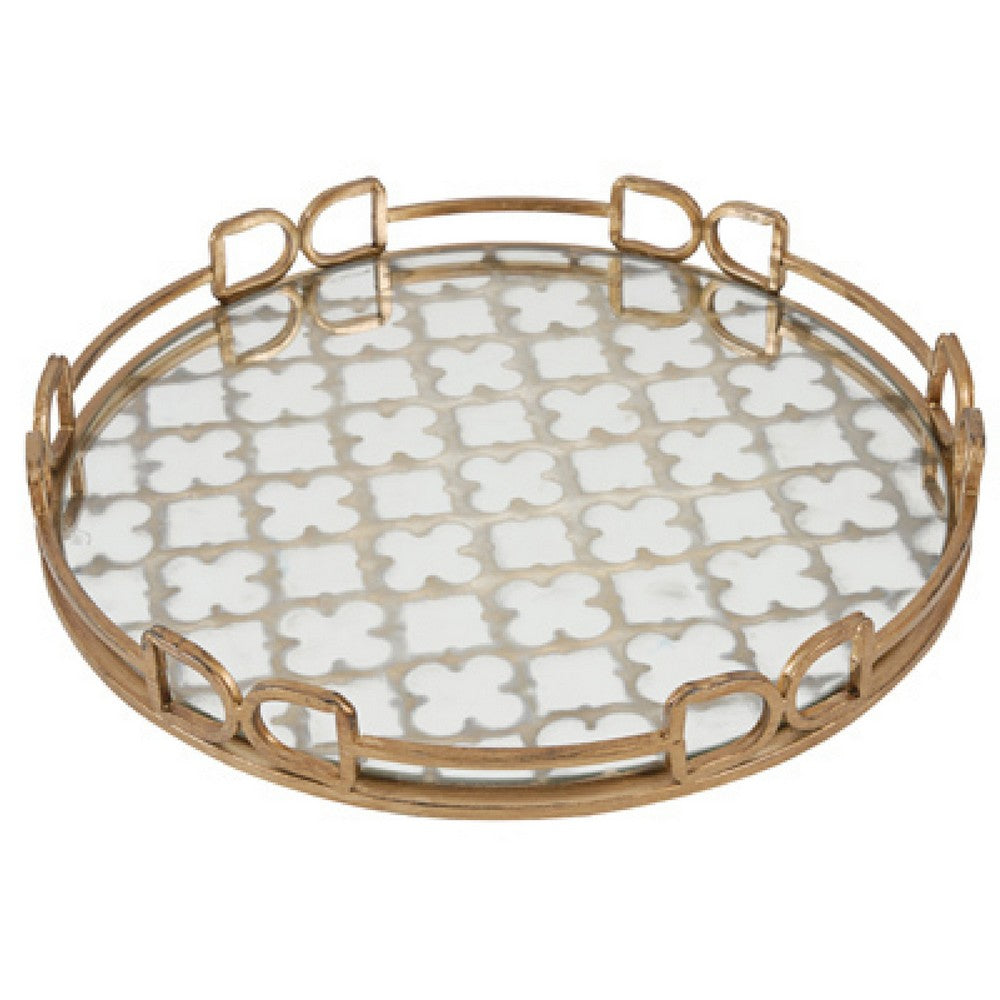 Amy Decorative Serving Tray, 16 Inch Round Patterned Glass, Gold Metal - BM350082