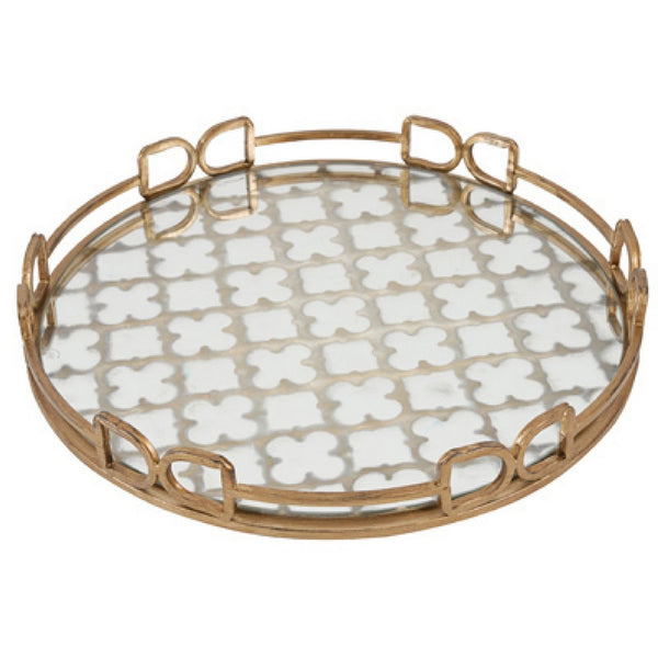 Amy Decorative Serving Tray, 16 Inch Round Patterned Glass, Gold Metal - BM350082