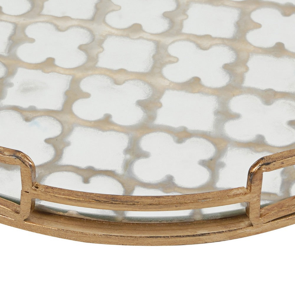 Amy Decorative Serving Tray, 16 Inch Round Patterned Glass, Gold Metal - BM350082