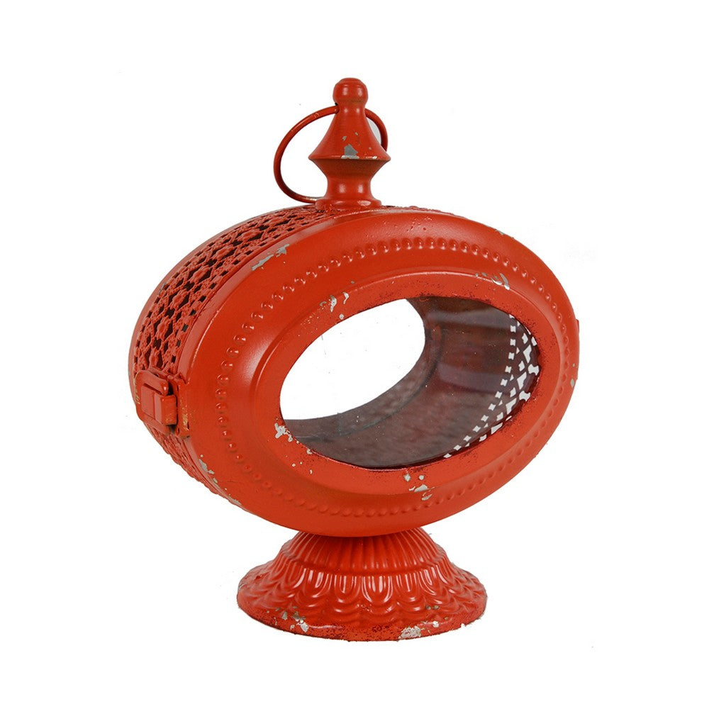 Cia Candle Holder, 12 Inch Oval Shape, Red Iron Frame with Glass Center - BM350083