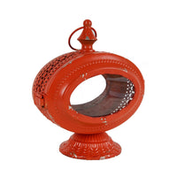 Cia Candle Holder, 12 Inch Oval Shape, Red Iron Frame with Glass Center - BM350083