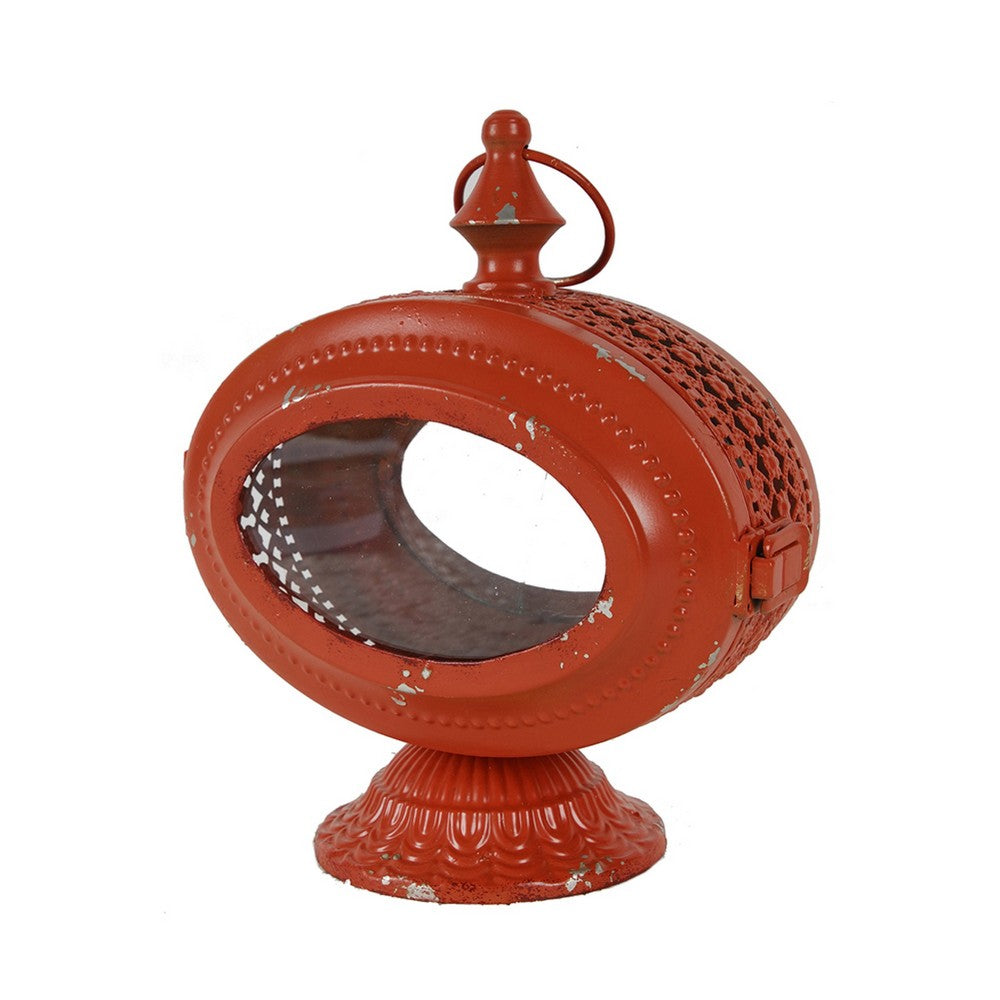 Cia Candle Holder, 12 Inch Oval Shape, Red Iron Frame with Glass Center - BM350083