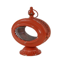 Cia Candle Holder, 12 Inch Oval Shape, Red Iron Frame with Glass Center - BM350083