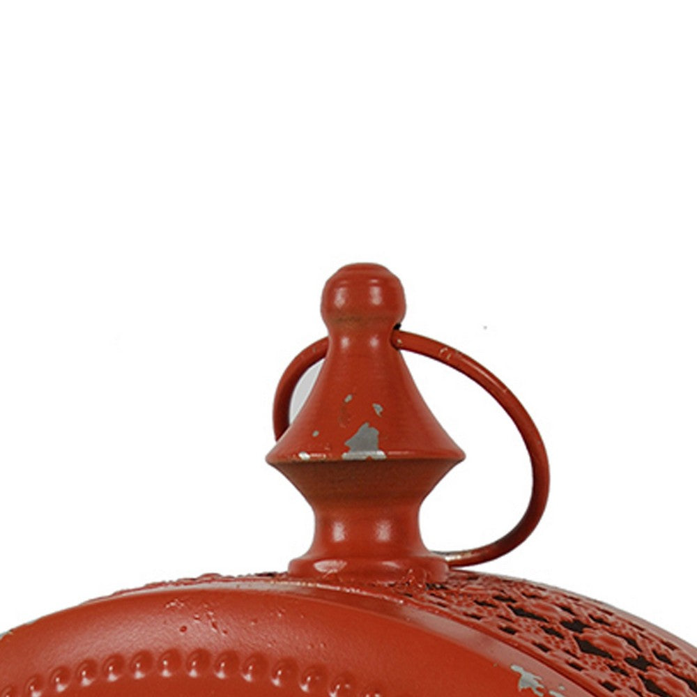 Cia Candle Holder, 12 Inch Oval Shape, Red Iron Frame with Glass Center - BM350083