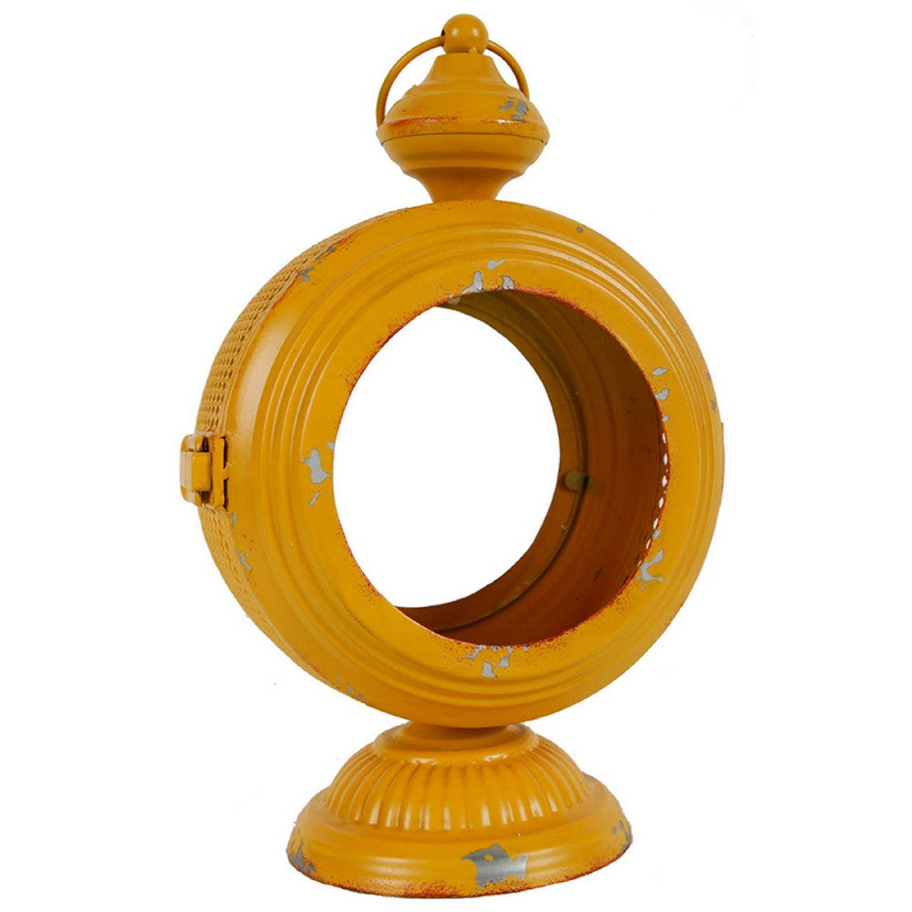 Cia Candle Holder, 13 Inch Round Shape, Yellow Iron with Glass Center - BM350084