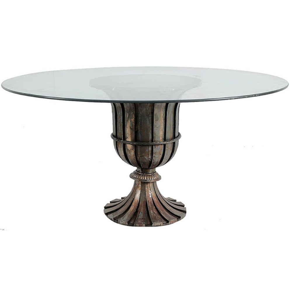 Dining Table, 60 Inch Round Clear Glass Top, Classical Bronze Metal Base - BM350085