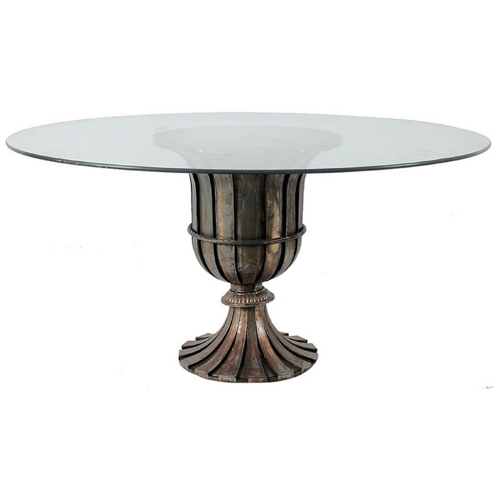 Dining Table, 60 Inch Round Clear Glass Top, Classical Bronze Metal Base - BM350085