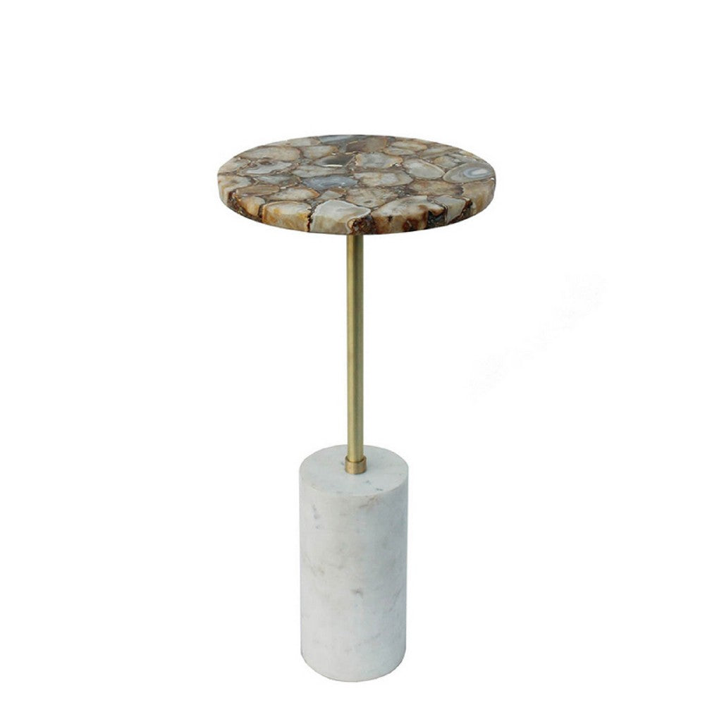 Lima Side End Table, 12 Inch Round Brown Agate, Marble Cylinder Base - BM350086