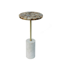 Lima Side End Table, 12 Inch Round Brown Agate, Marble Cylinder Base - BM350086