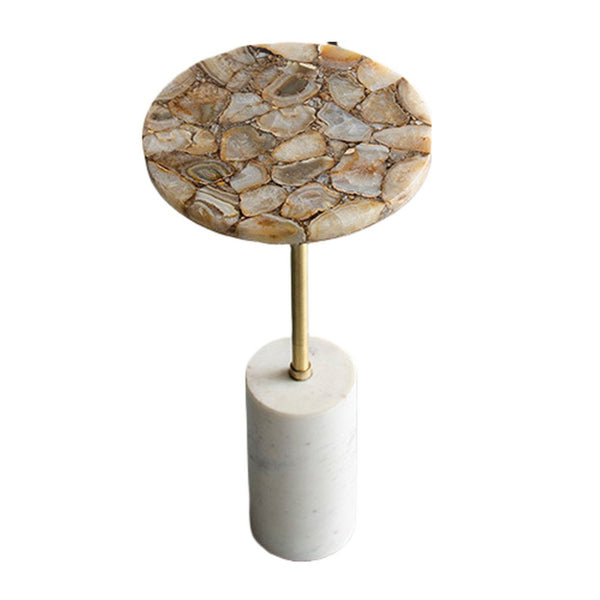 Lima Side End Table, 12 Inch Round Brown Agate, Marble Cylinder Base - BM350086
