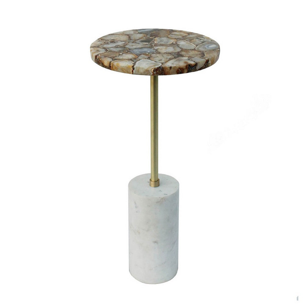 Lima Side End Table, 12 Inch Round Brown Agate, Marble Cylinder Base - BM350086