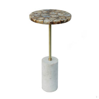 Lima Side End Table, 12 Inch Round Brown Agate, Marble Cylinder Base - BM350086