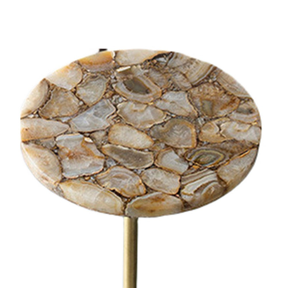 Lima Side End Table, 12 Inch Round Brown Agate, Marble Cylinder Base - BM350086