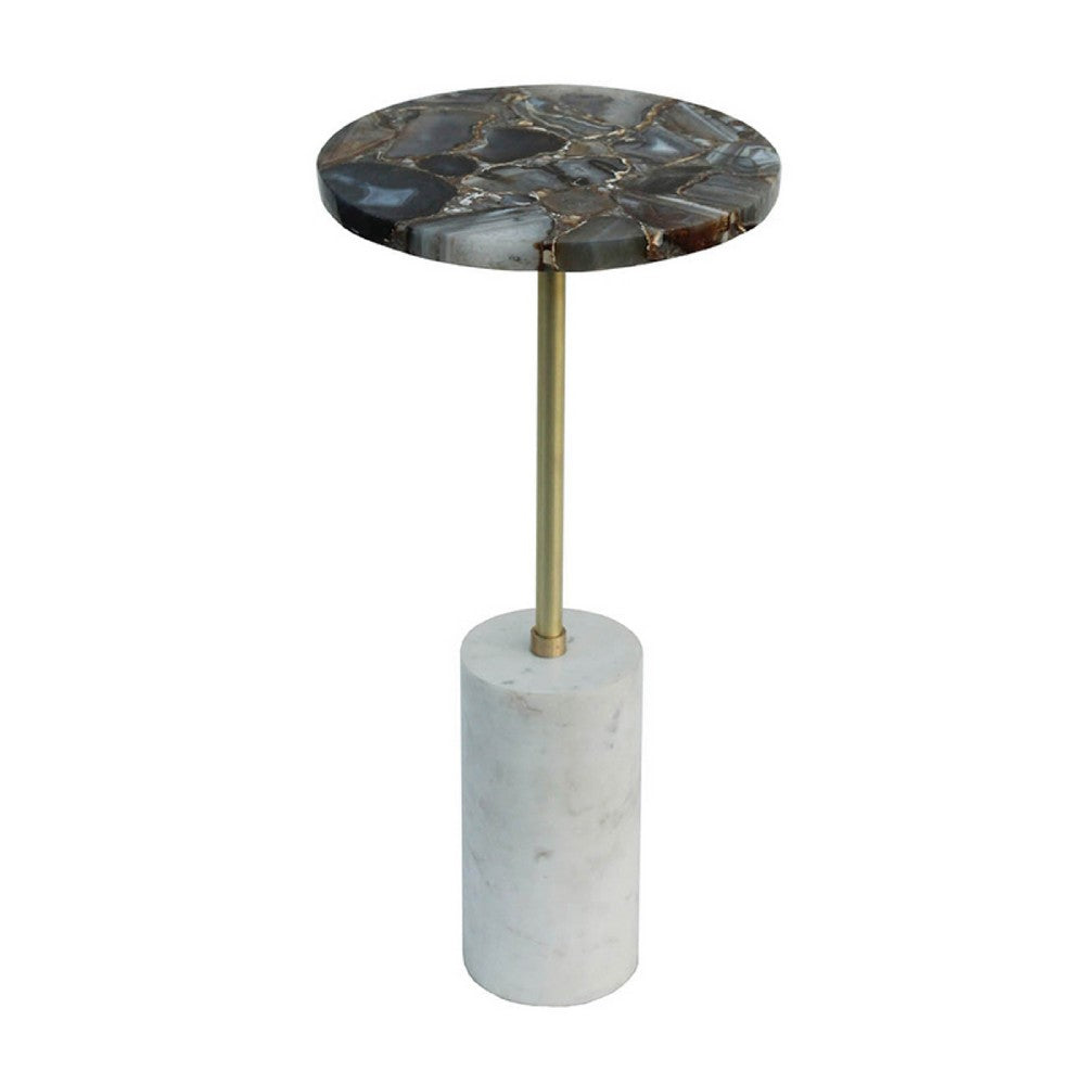 Lima Side End Table, 12 Inch Round Black Agate, Marble Cylinder Base - BM350087