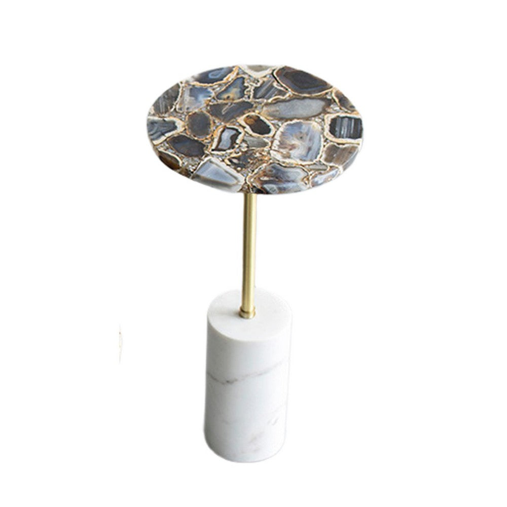 Lima Side End Table, 12 Inch Round Black Agate, Marble Cylinder Base - BM350087