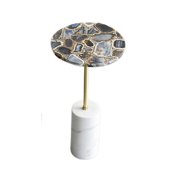 Lima Side End Table, 12 Inch Round Black Agate, Marble Cylinder Base - BM350087