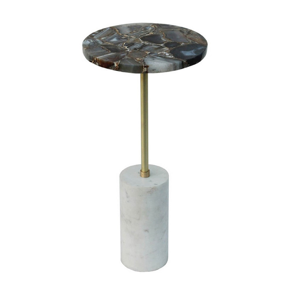 Lima Side End Table, 12 Inch Round Black Agate, Marble Cylinder Base - BM350087