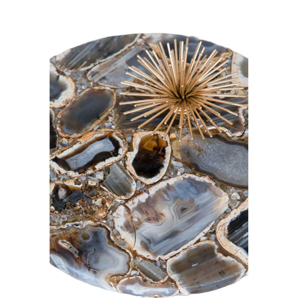 Lima Side End Table, 12 Inch Round Black Agate, Marble Cylinder Base - BM350087