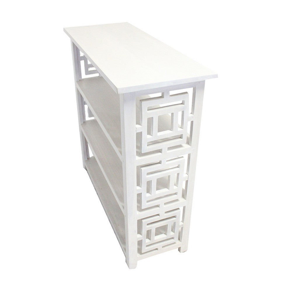 Sumo Console Table with 3 Shelves, Lattice Cutout Sides, White 36 Inch - BM350089