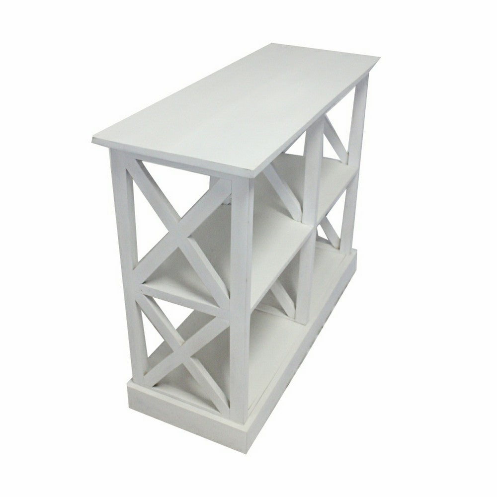 Console Table with 3-Tier Design, X Cutout Sides, White Wood 39 Inch - BM350090