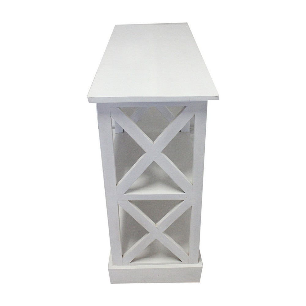 Console Table with 3-Tier Design, X Cutout Sides, White Wood 39 Inch - BM350090