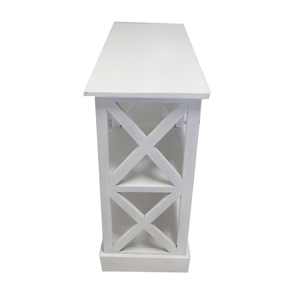 Console Table with 3-Tier Design, X Cutout Sides, White Wood 39 Inch - BM350090