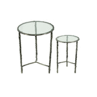 2pc End Table Set, Round Glass Top, Forged Antique Silver Finish - BM350091