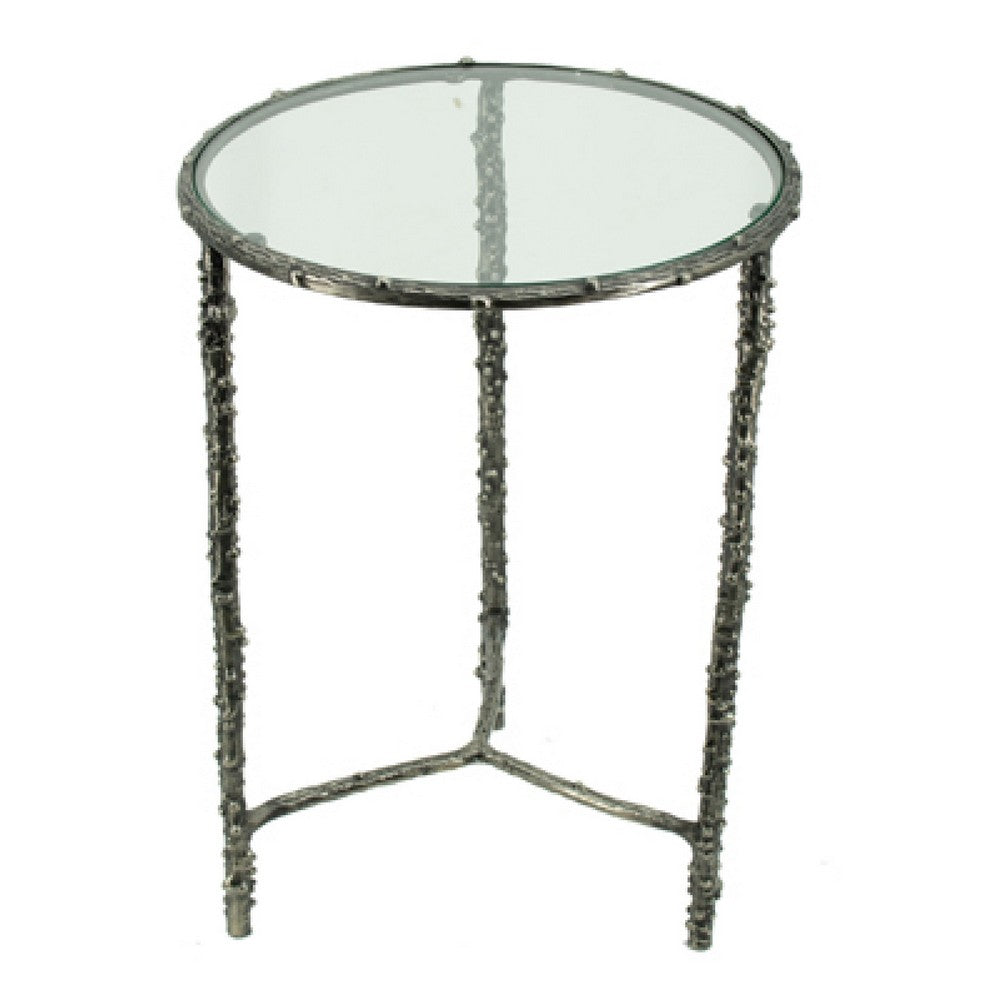 2pc End Table Set, Round Glass Top, Forged Antique Silver Finish - BM350091