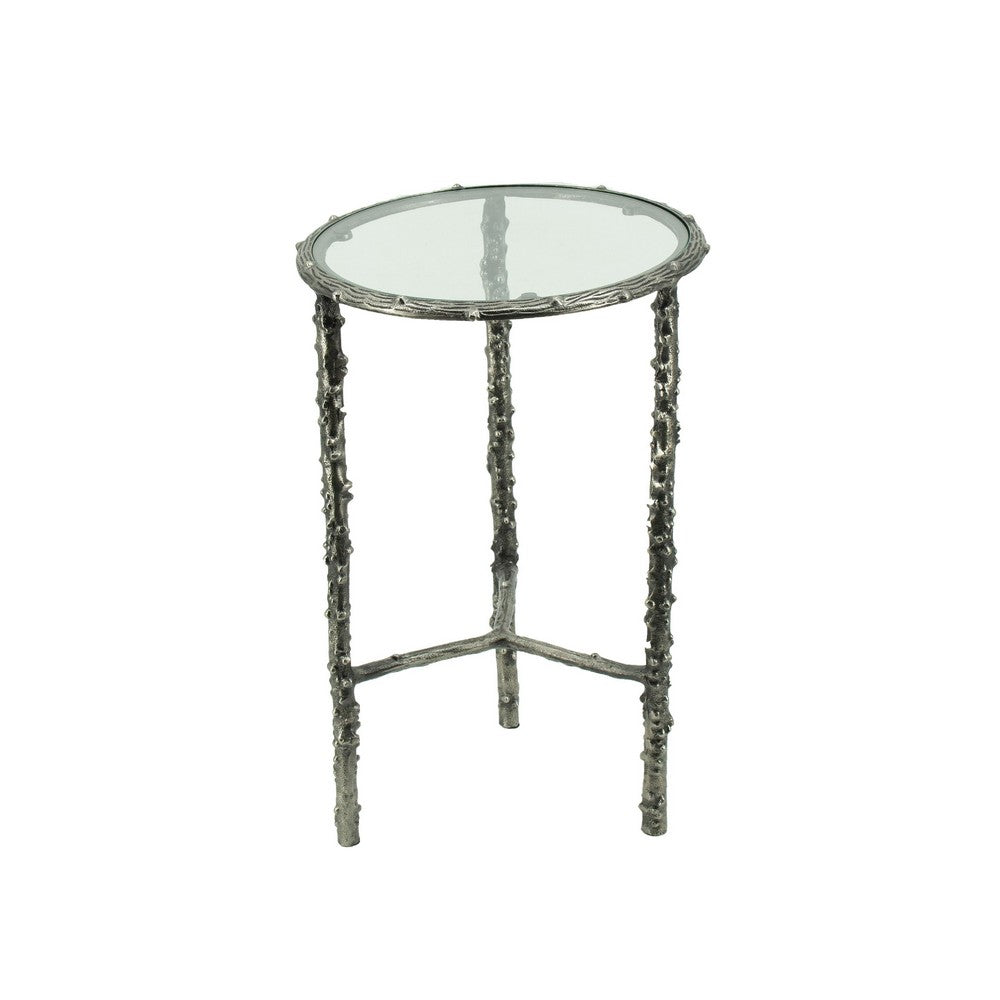 2pc End Table Set, Round Glass Top, Forged Antique Silver Finish - BM350091