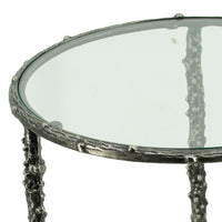 2pc End Table Set, Round Glass Top, Forged Antique Silver Finish - BM350091