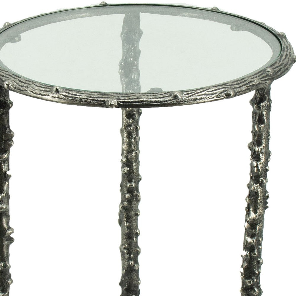 2pc End Table Set, Round Glass Top, Forged Antique Silver Finish - BM350091