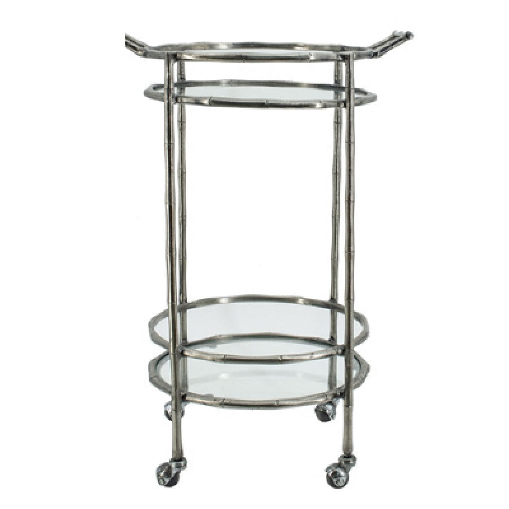 2 Tier Rolling Bar Cart, Glass Shelves, 30 Inch Bamboo Design Silver Metal - BM350092