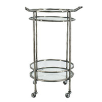 2 Tier Rolling Bar Cart, Glass Shelves, 30 Inch Bamboo Design Silver Metal - BM350092